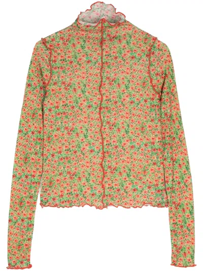 Siedres Floral-print Lettuce-hem Top In Green