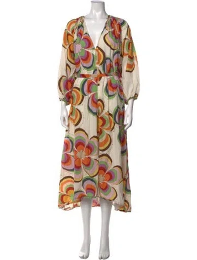Pre-owned Siedres Floral Print Midi Length Dress In White