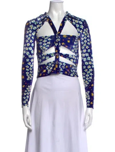 Pre-owned Siedres Floral Print V-neck Crop Top In Blue