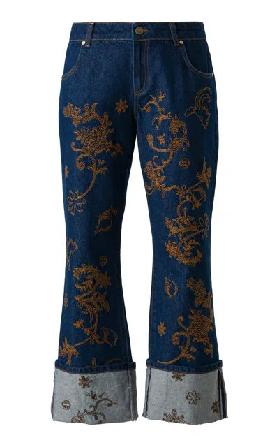 Siedres Gilberte Embroidered Rigid Low-rise Flared Jeans In Navy