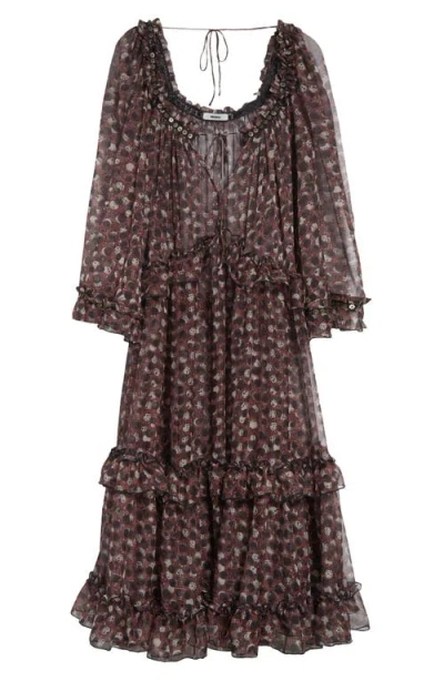 Siedres Siedrés Grandess Polka Dot Ruffle Long Sleeve Georgette Maxi Dress In Brown