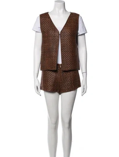 Pre-owned Siedres Leather Tweed Pattern Short Set W/ Tags In Brown