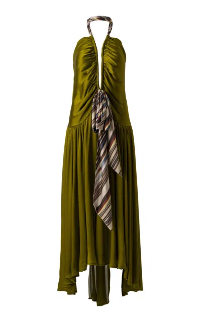 Siedres Liessa Plunged Satin Maxi Dress In Khaki