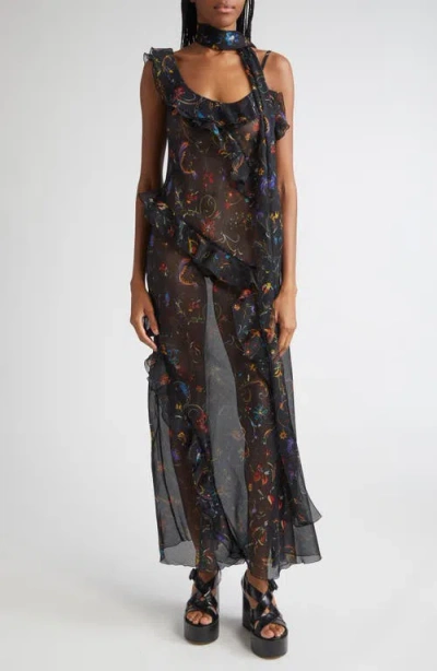 Siedres Siedrés Monica Floral Print Tiered Ruffle Chiffon Dress In Black