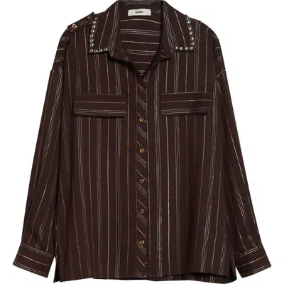 Siedres Siedrés Monina Metallic Stripe Button-up Shirt With Removable Crossbody Pouch In Brown