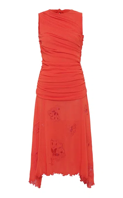 Siedres Nuina Ruched Mesh Midi Dress In Orange