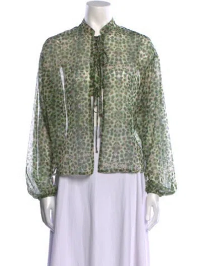 Pre-owned Siedres Printed Mock Neck Button-up Top In Green