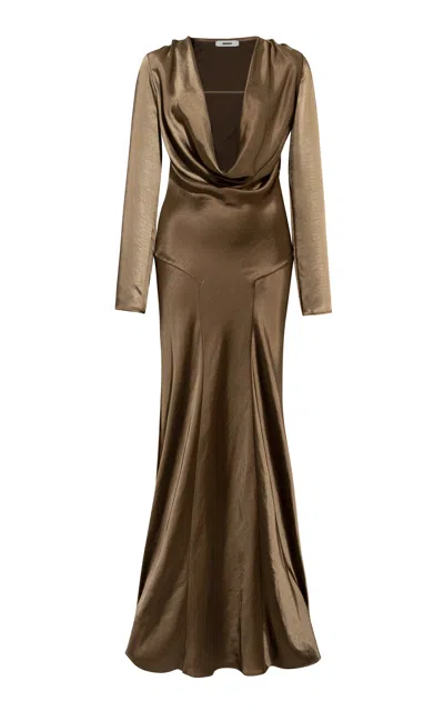 Siedres Senty Draped Satin Maxi Dress In Khaki