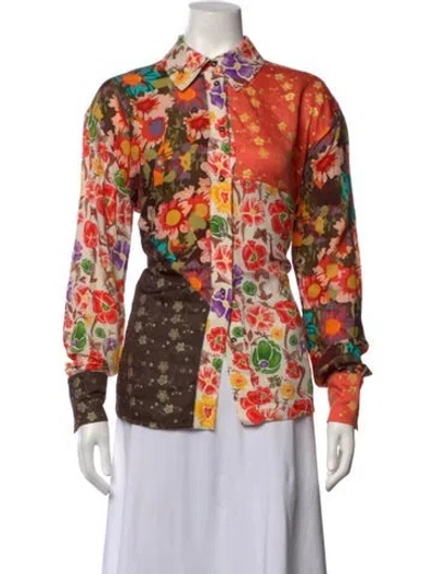 Pre-owned Siedres Silk Floral Print Button-up Top W/ Tags In Orange
