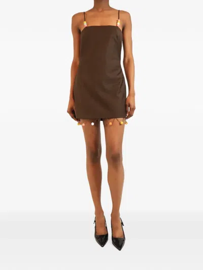 Pre-owned Siedres Square-neck Beaded Mini Dress In Brown