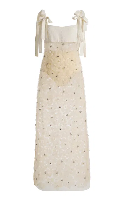 Siedres Siedrés Tallula Floral-appliquéd Tulle Midi Dress In Neutral
