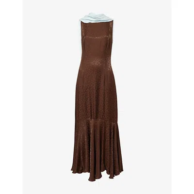 Siedres Womens Manon Draped-back Jacquard Satin Maxi Dress Blue/brown