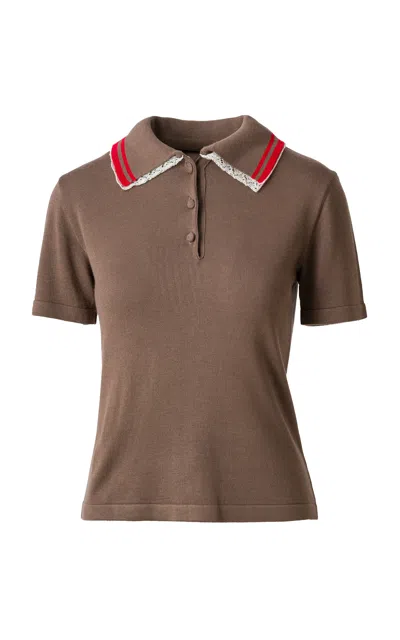 Siedres Yuan Lace-trimmed Knit Polo Top In Brown