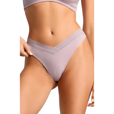 Siella Organic Cotton Thong Panty With Lace In Dusty Lavender