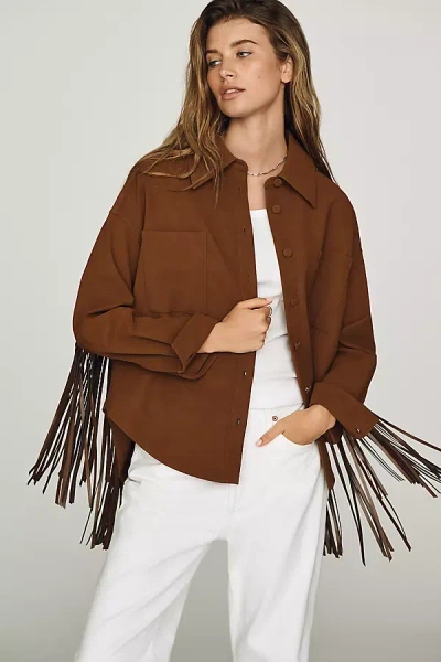 Siempre Faux-suede Fringe Buttondown Shirt In Brown