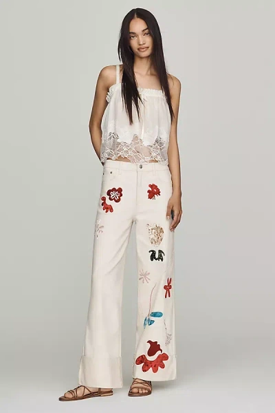 Siempre Printed High-rise Wide-leg Jeans In White