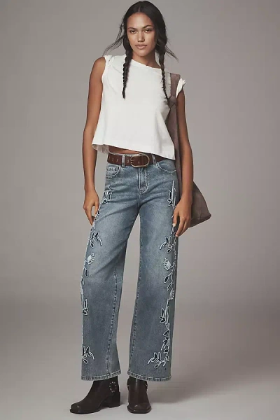 Siempre Zoey Embroidered High-rise Wide-leg Jeans In Blue