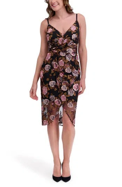 Siena Faux Wrap Embroidered Mesh Midi Dress In Brown