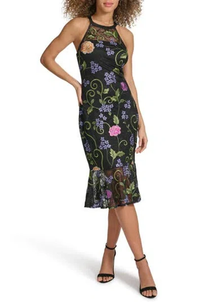 Siena Floral Embroidered Mesh Sheath Dress In Black