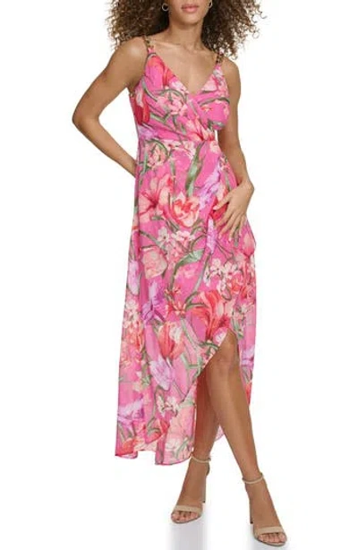 Siena Floral Long Sleeve Clip Dot Chiffon Midi Dress In Pink