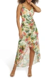Siena Floral Souflee Crepe Faux Wrap Midi Dress In White Multi