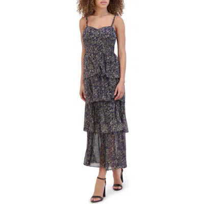 Siena Foiled Plissé Tiered Ruffle Midi Dress In Multi
