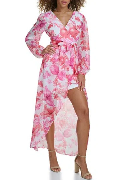 Siena Long Sleeve Floral Faux Wrap Dress In White Multi