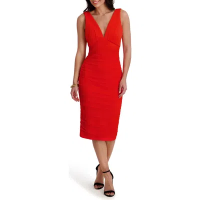 Siena Mesh Overlay Body-con Midi Dress In Hot Coral