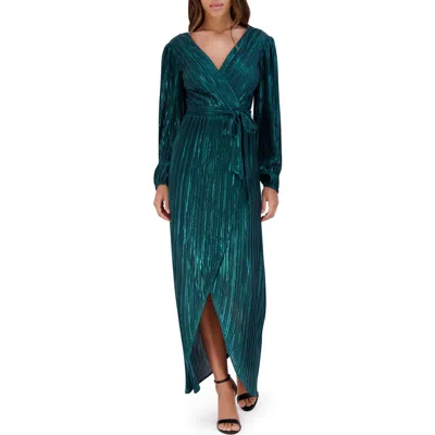 Siena Pleated Foil Wrap Maxi Dress In Green