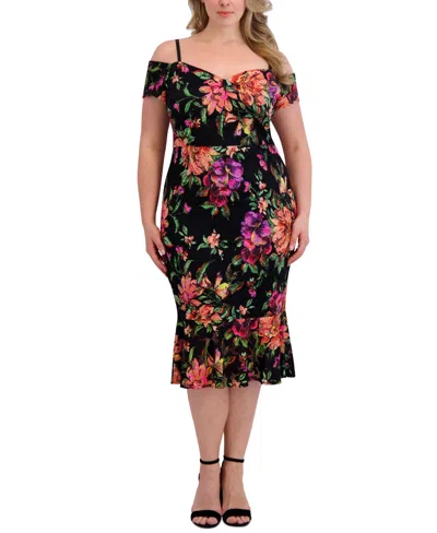 Siena Plus Size Floral-print Lace Off-the-shoulder Dress In Black Multi