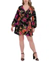 Siena Plus Size Printed Blouson-sleeve Faux-wrap Dress In Black Multi