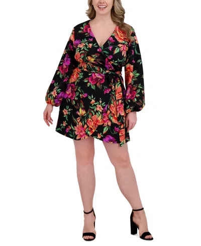 Siena Plus Size Printed Blouson-sleeve Faux-wrap Dress In Black Multi