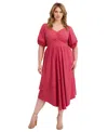Siena Plus Size Puff-sleeve Asymmetric-hem Midi Dress In Red