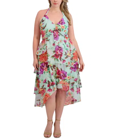 Siena Plus Size Tiered Floral-print Chiffon Dress In Mint Multi