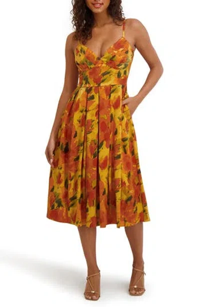 Siena Printed Satin Fit & Flare Midi Dress In Orange Multi