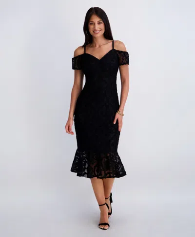 Siena Women's Crochet Lace Removable Straps Sweetheart Neck Midi Dress In Black