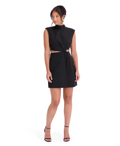 Siena Women's Drapey Woven Mock Neck Asymmetric Waist Cutout Mini Dress In Black