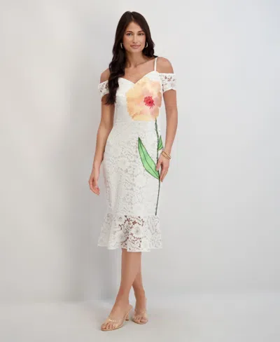 Siena Women's Embroidered Lace Sweetheart Neck Midi Dress In White