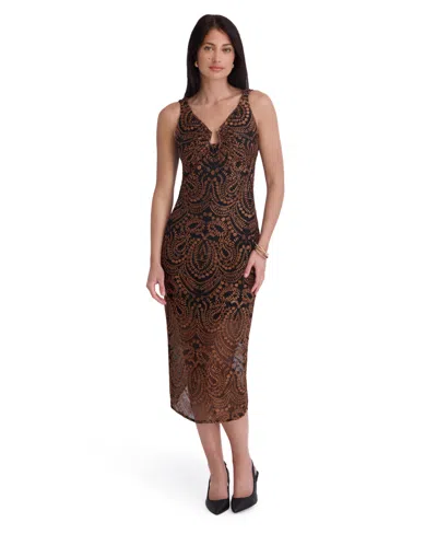 Siena Women's Embroidered Mesh V-neck Sleeveless Midi Dress In Black,cognac