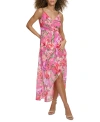Siena Floral Long Sleeve Clip Dot Chiffon Midi Dress In Pink