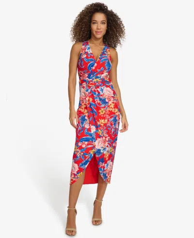 Siena Women's Floral Side-ruched Sleeveless Midi Dress In Red Multi