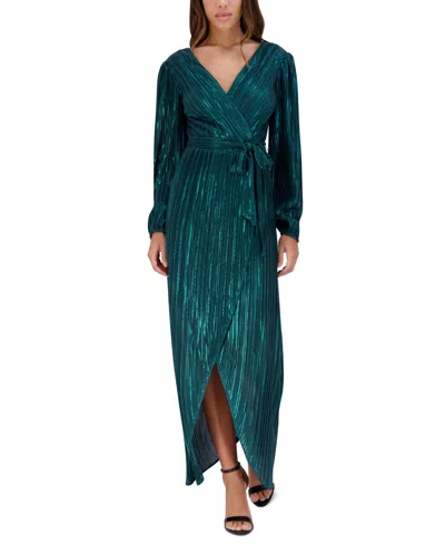 Siena Women's Metallic Pleated Faux-wrap Maxi Dress In Emerald