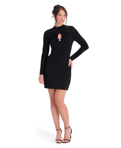 Siena Women's Mock Neck Long Sleeve Keyhole Cutout Mini Dress In Black