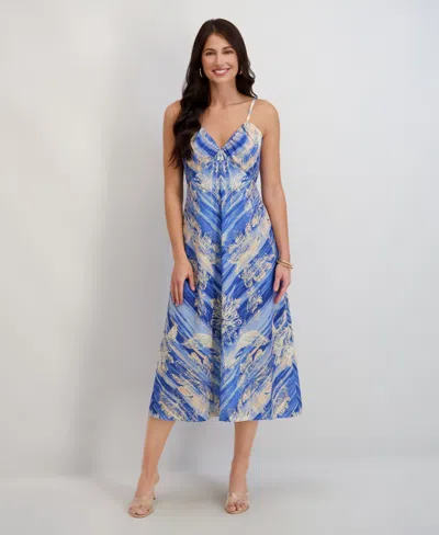 Siena Women's Printed Peachskin V-neck Midi Dress In Blue
