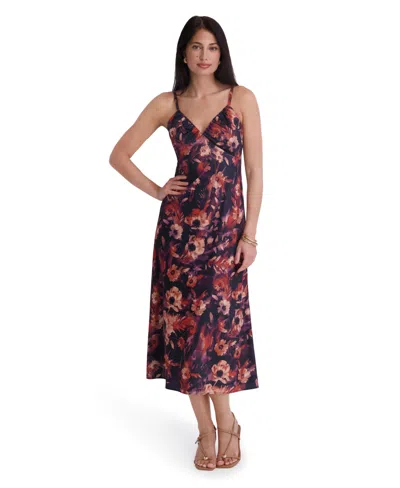 Siena Women's Printed Satin Sleeveless V-neck Maxi Dress In Navy Multi