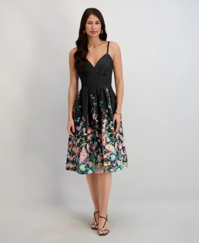 Siena Women's Printed Sweetheart Neck Dress In Black