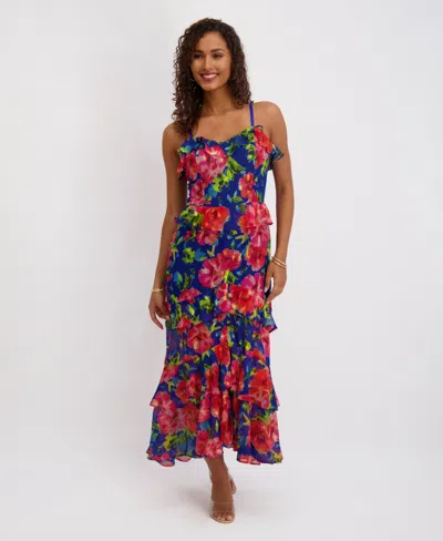 Siena Women's Printed Sweetheart Neck Ruffle Detail Maxi Dress In Multi