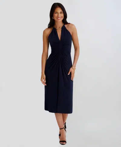 Siena Women's Ruched Halter V-neck Midi Dress In Blue