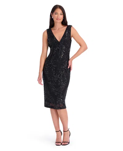 Siena Women's Sequin Mesh V-neck Midi Open-back Dress In Black