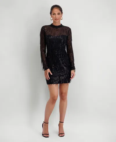 Siena Women's Sequined Long-sleeve Mesh Dress In Black